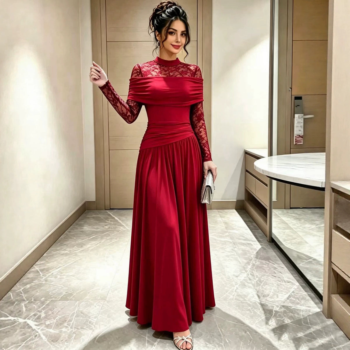 Women's Off Shoulder Lace Long Sleeve Red Waisted Elegant Dress