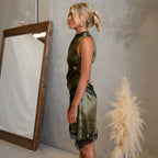 Olive sleeveless high-neck dress with black lace side hem detail