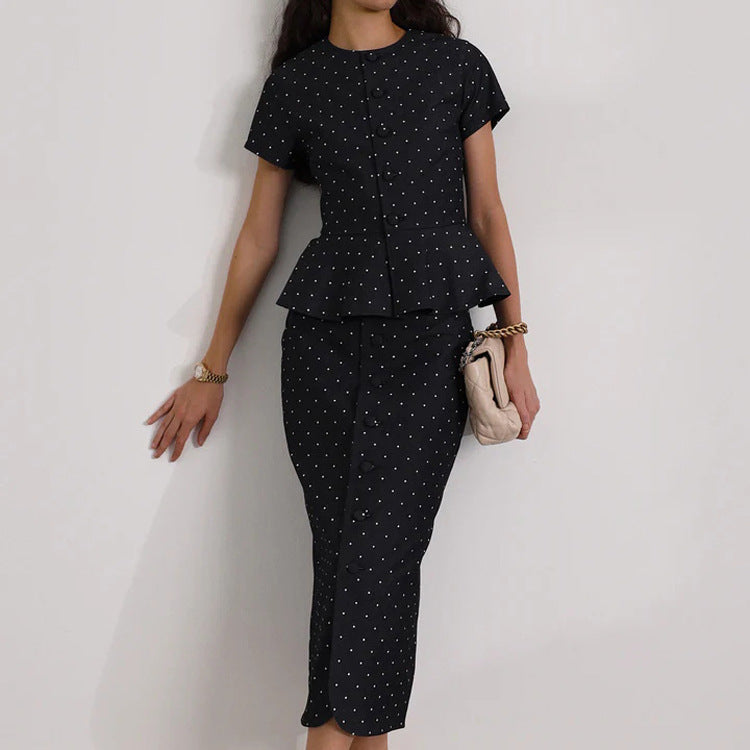 Polka-Dot Cardigan Top & Hip Skirt Set