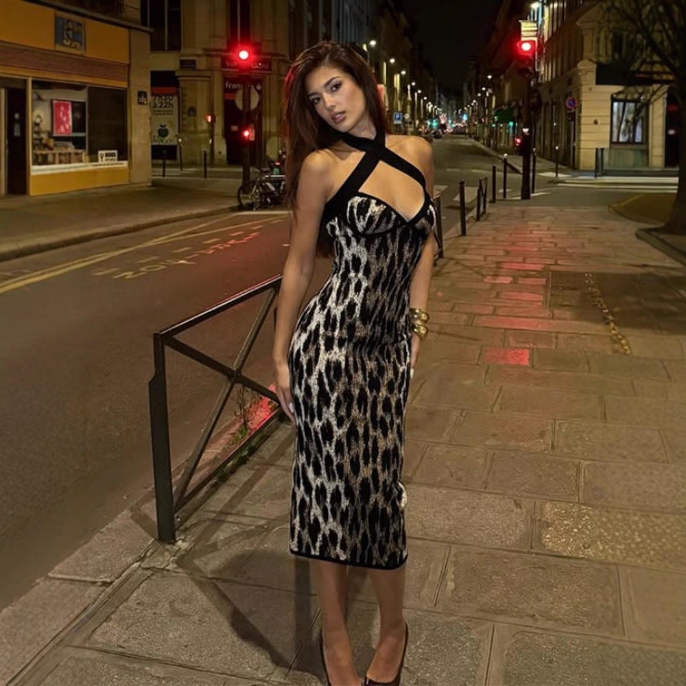 Leopard Backless Halter Dress