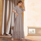 Women's Short Sleeve Dress Lantern Sleeve V Neck High Waist Embroidered Mesh Maxi Dress