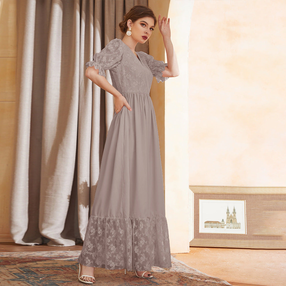 Women's Short Sleeve Dress Lantern Sleeve V Neck High Waist Embroidered Mesh Maxi Dress