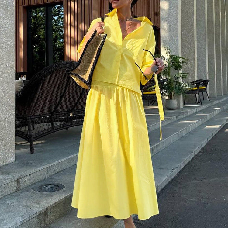 Polo Collar Shirt Yellow Skirt Set Two