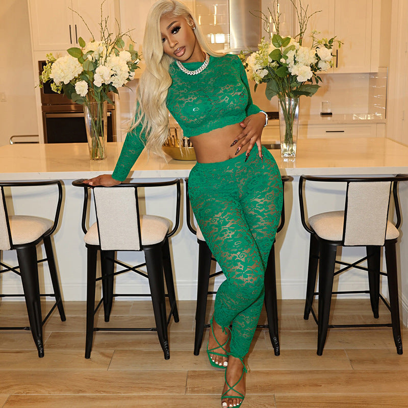 Autumn Lace Cropped Long-Sleeve Trendy Two-Piece Set