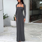 Women Clothing Autumn Sexy Cutout Tube Top Streamer Long Sleeve Solid Color Dress
