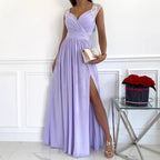 Women's V-Neck Ruched Split Maxi Dress