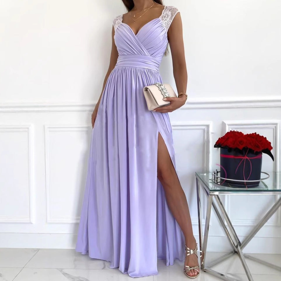 Women's V-Neck Ruched Split Maxi Dress