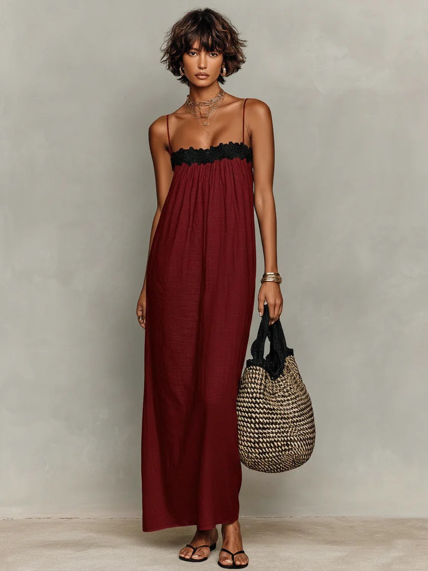 Burgundy lace-trim maxi sling dress with thin straps and white lace yoke