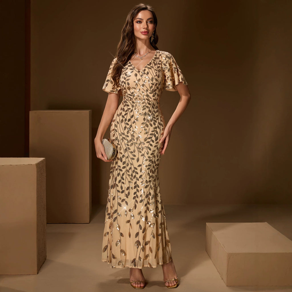 Women's Sequin V-Neck Mesh Evening Party Dress