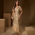 Women's Sequin V-Neck Mesh Evening Party Dress