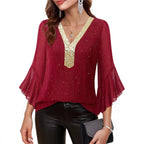 Women's Deep-V Sequined Flare-Sleeve Top