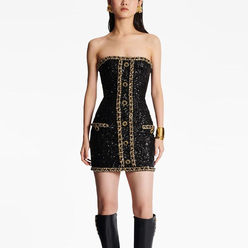 Early Star Heavy Embroidery Sequ Chain Tube Top Dress