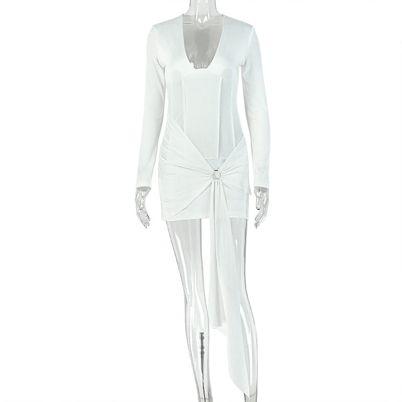 White long-sleeve dress with deep V-neck and ruched drape waist