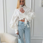 Women's Fall Lace Up Cropped Shirt Collared