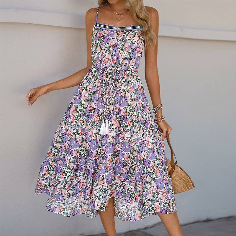 Women's Floral Spaghetti-Strap Button Tie Dress