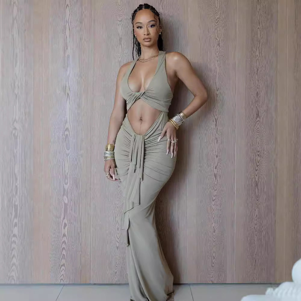 Crew-Neck Twisted Cutout Ruched Bodycon Maxi Dress