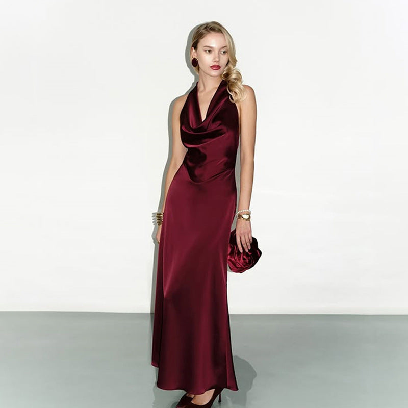Wine-Red Halter Satin Dress