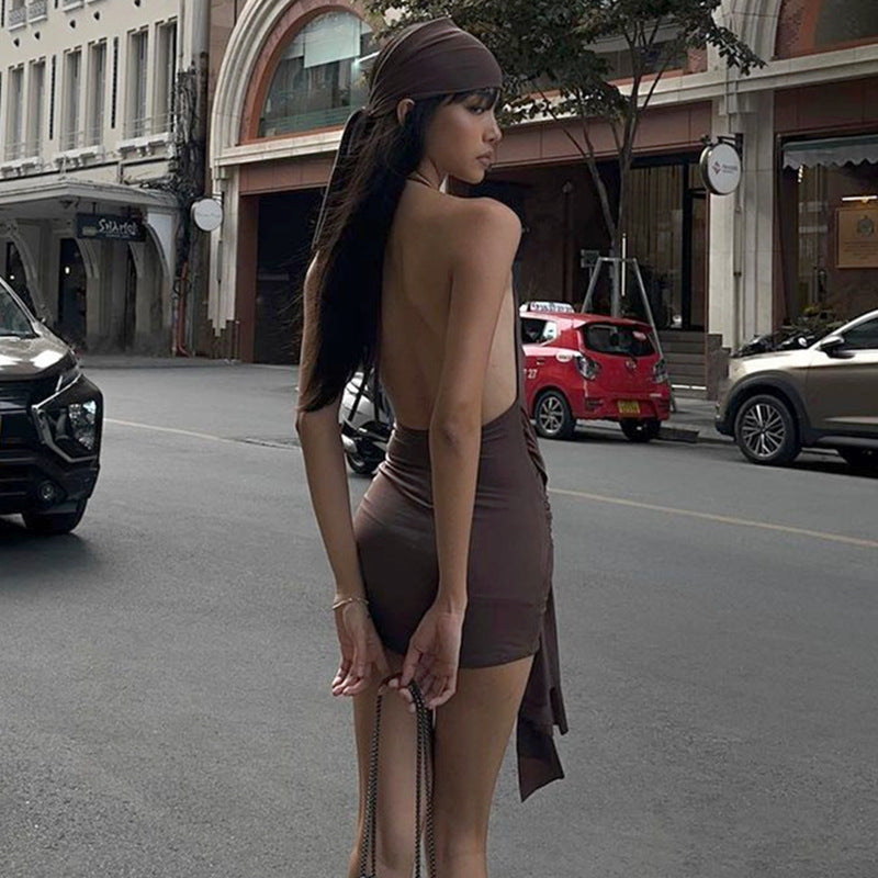 Backless Adult Lady Like Woman Deep V-Neck Plunge Strap Dress