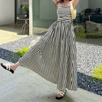Women's Black and White Striped Pleated Maxi Dress