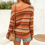 Women Clothing Summer Bohemian Contrast Color Striped off