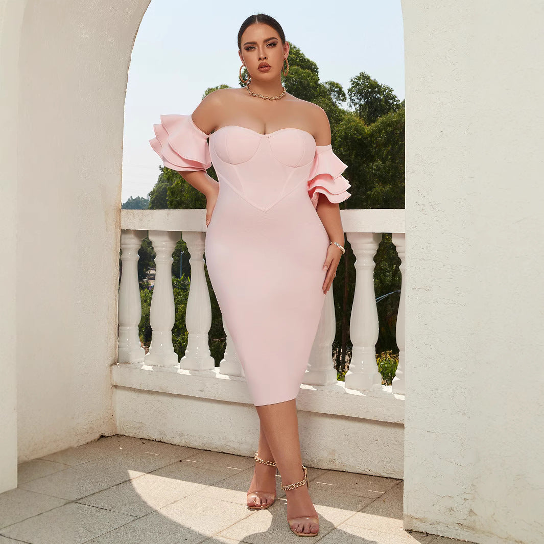 Women's Plus Size Slim Fit Elegant Bandage Dress Puff Sleeve Strapless