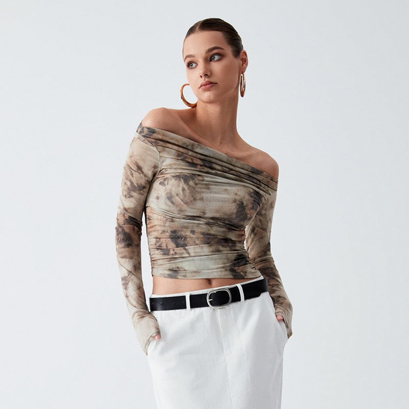 Women's Retro 3D Printed Sexy Off Shoulder Pleated Top Bare Cropped Slim Fit T Shirt Women Spring