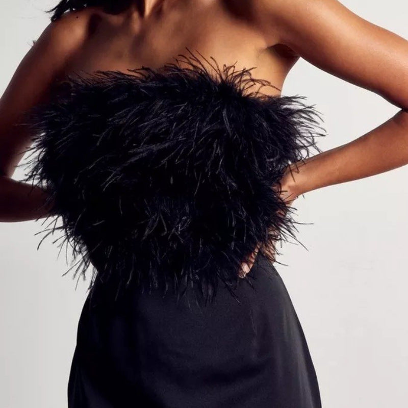 Women's Autumn Winter Backless Dress Feather Tube Top Sexy Irregular Asymmetric Swing Dress