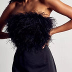Women's Autumn Winter Backless Dress Feather Tube Top Sexy Irregular Asymmetric Swing Dress