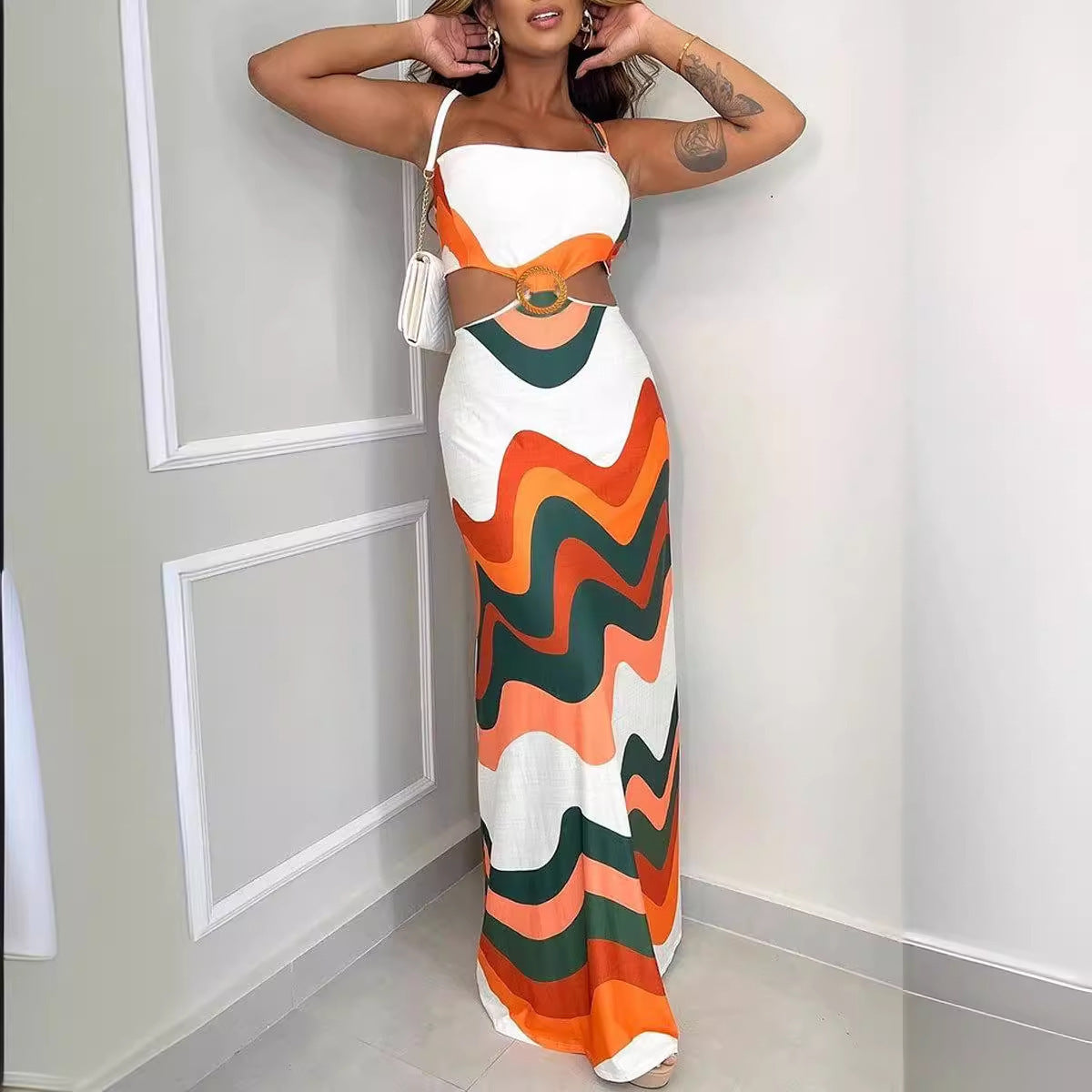 Women's Cutout Geometric-Print Maxi Dress