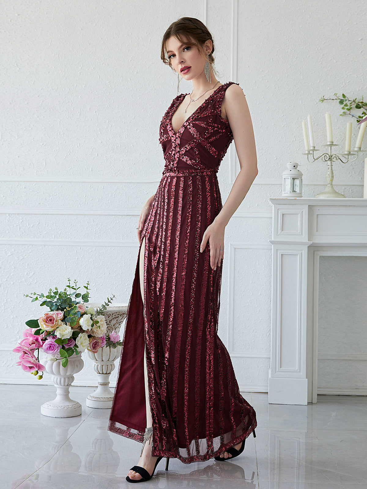 Heavy Industry Manual Beaded Red Maxi Sequined Beaded Maxi Dress