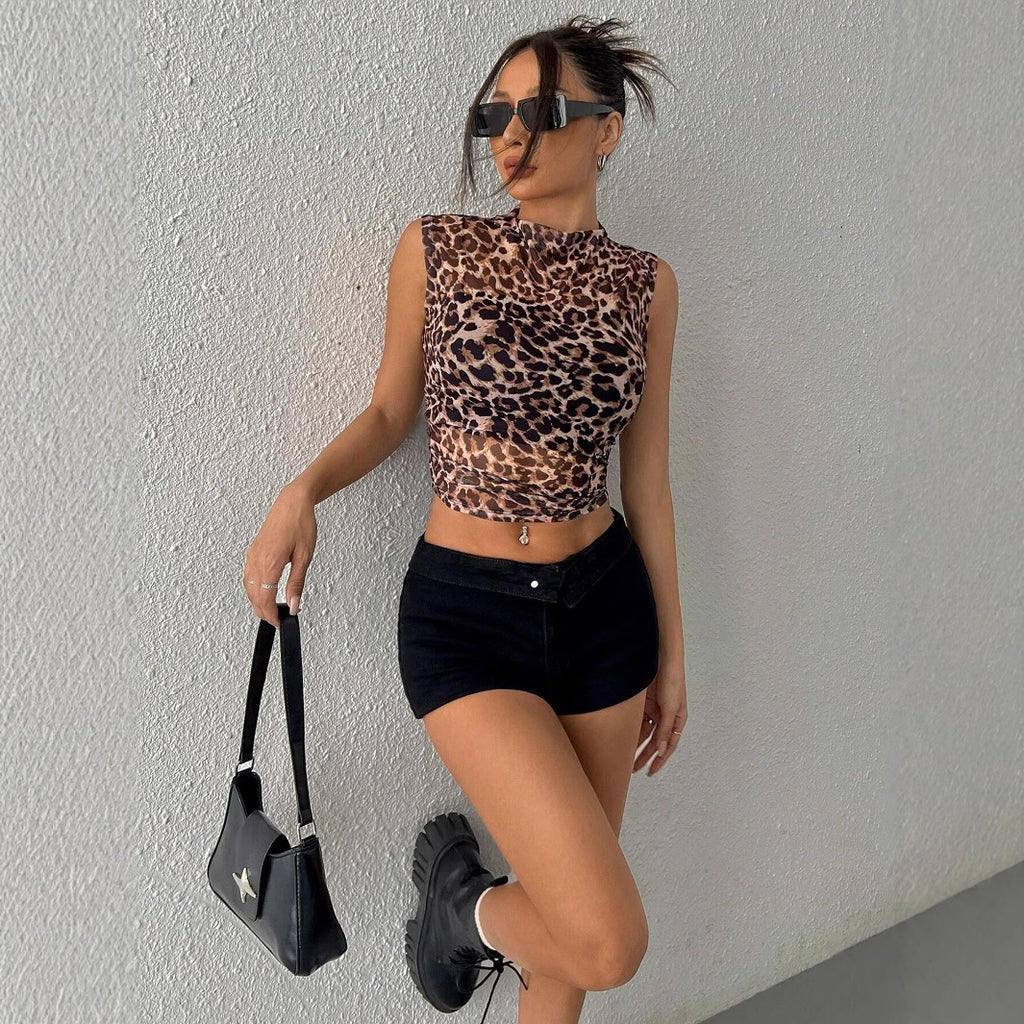 Summer Women Tops Slim Fit Slimming Sleeveless Leopard Print Stand Collar Sexy Women