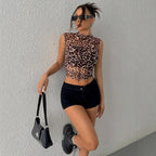 Summer Women Tops Slim Fit Slimming Sleeveless Leopard Print Stand Collar Sexy Women