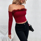 Women's Women's Wine Red T Shirt Off Shoulder Fur Collar Backless