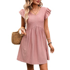 Mauve short sleeve V-neck dress with pleated empire waist and gathered hem