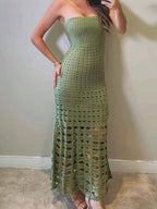 Olive green strapless crochet maxi dress with circular cutout eyelet pattern