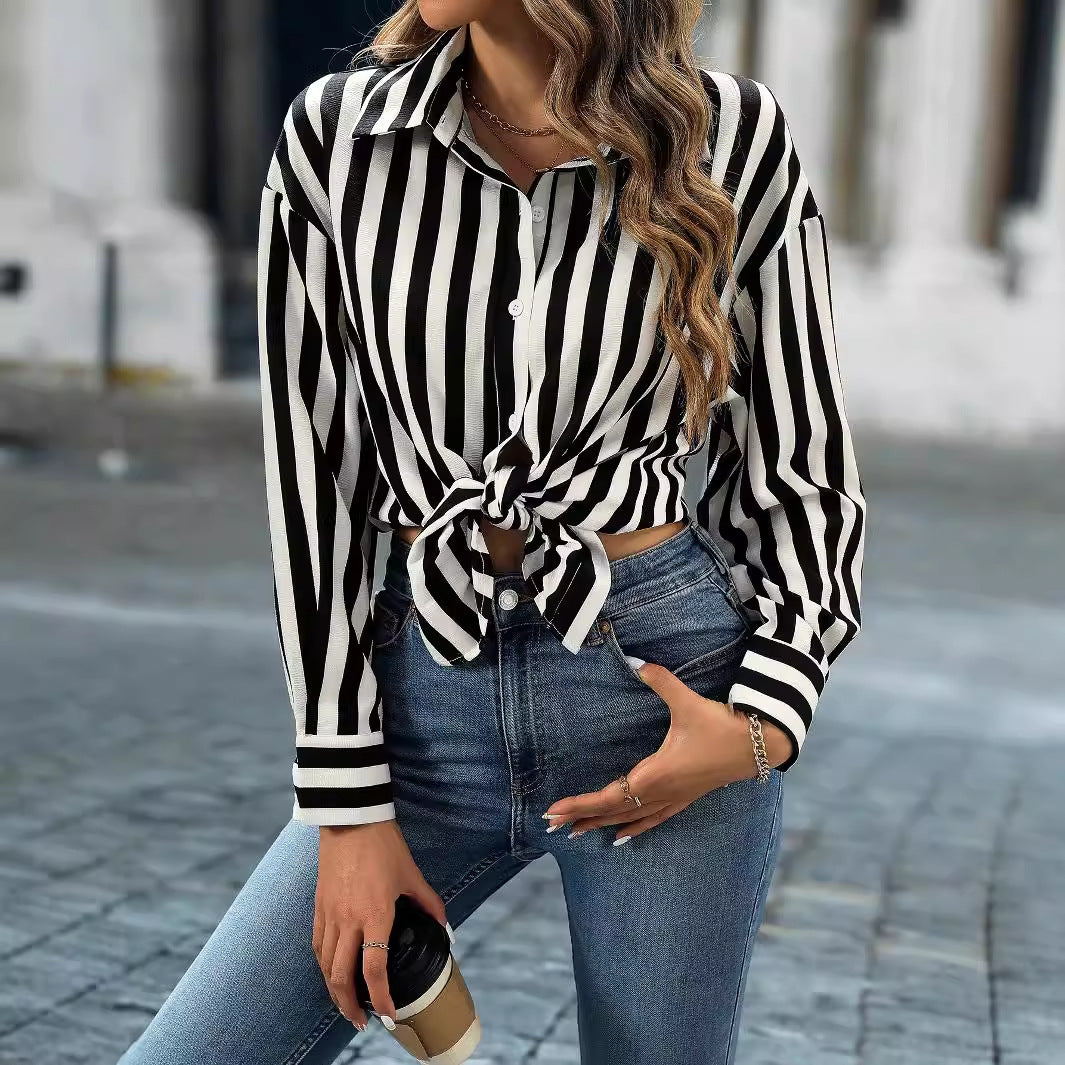 Women's Best Seller Striped Collared Can Open Long Sleeve Shirt