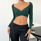 Elegant Cross V neck Long Sleeve Women Sexy Waist Tight