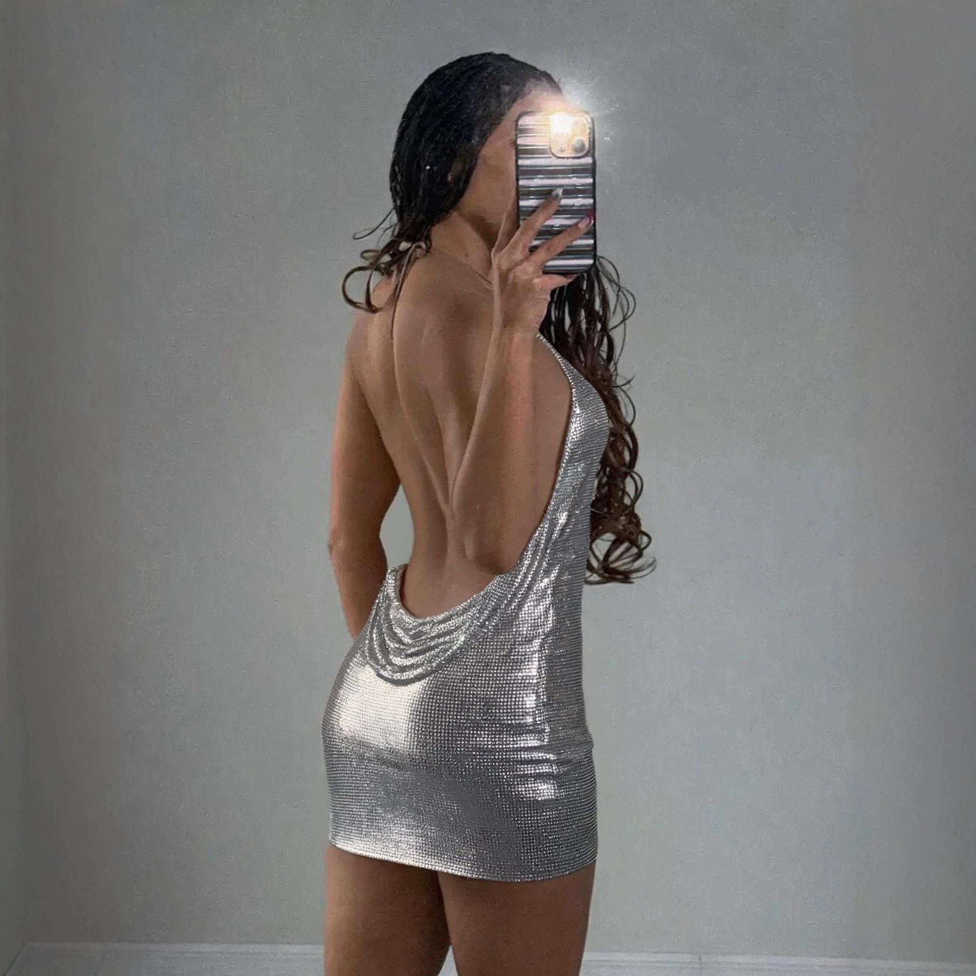Metallic Chain Halter Mini Dress