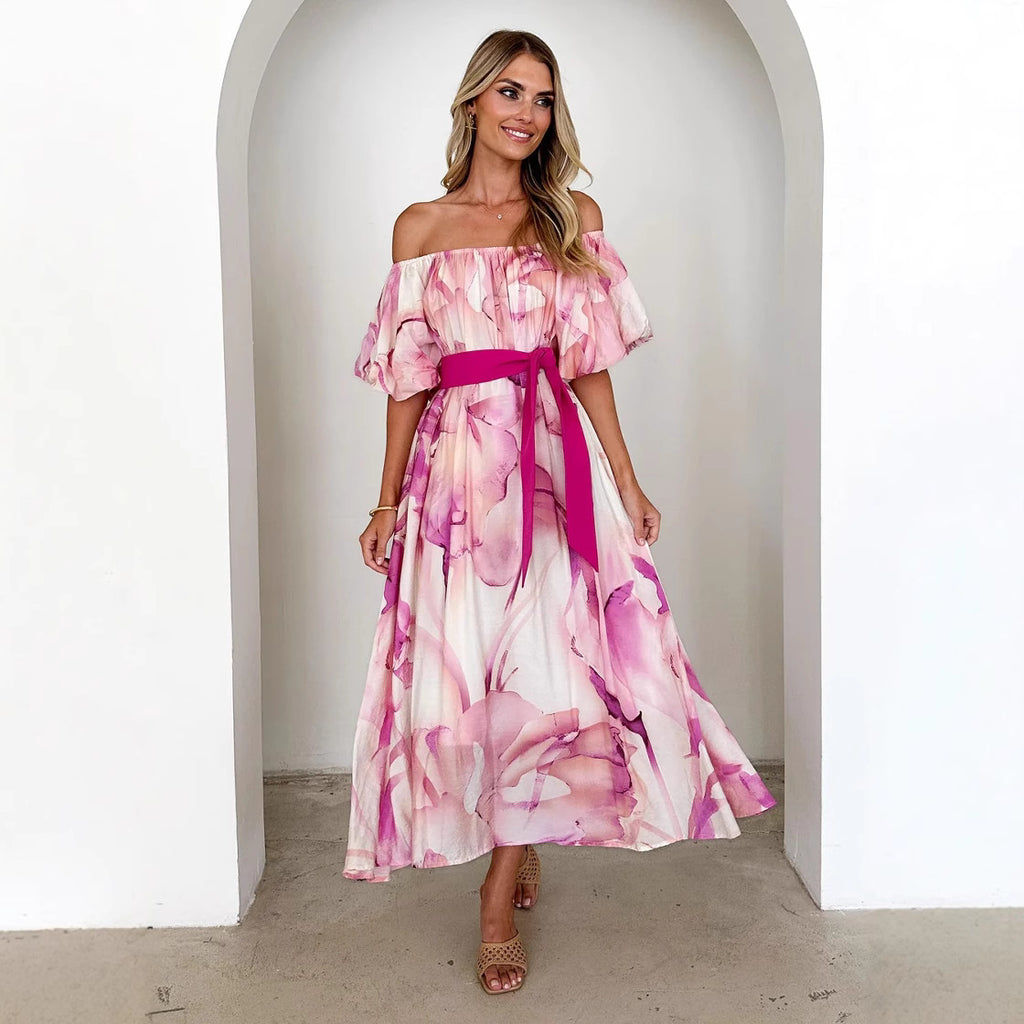 Elegant Off-Shoulder Tight Waist Puff Sleeve Printed A-Line Dress