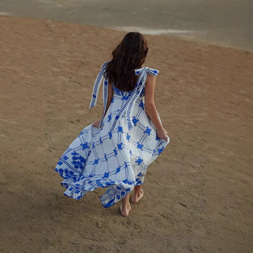 Women's Summer Vacation Halter Spaghetti Straps Maxi Dress Sleeveless Printed Dress