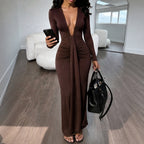 Women's Deep-V Ruched Long-Sleeve Dress