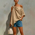 One Shoulder Asymal Twisted Off Shoulder Mid Sleeve Casual