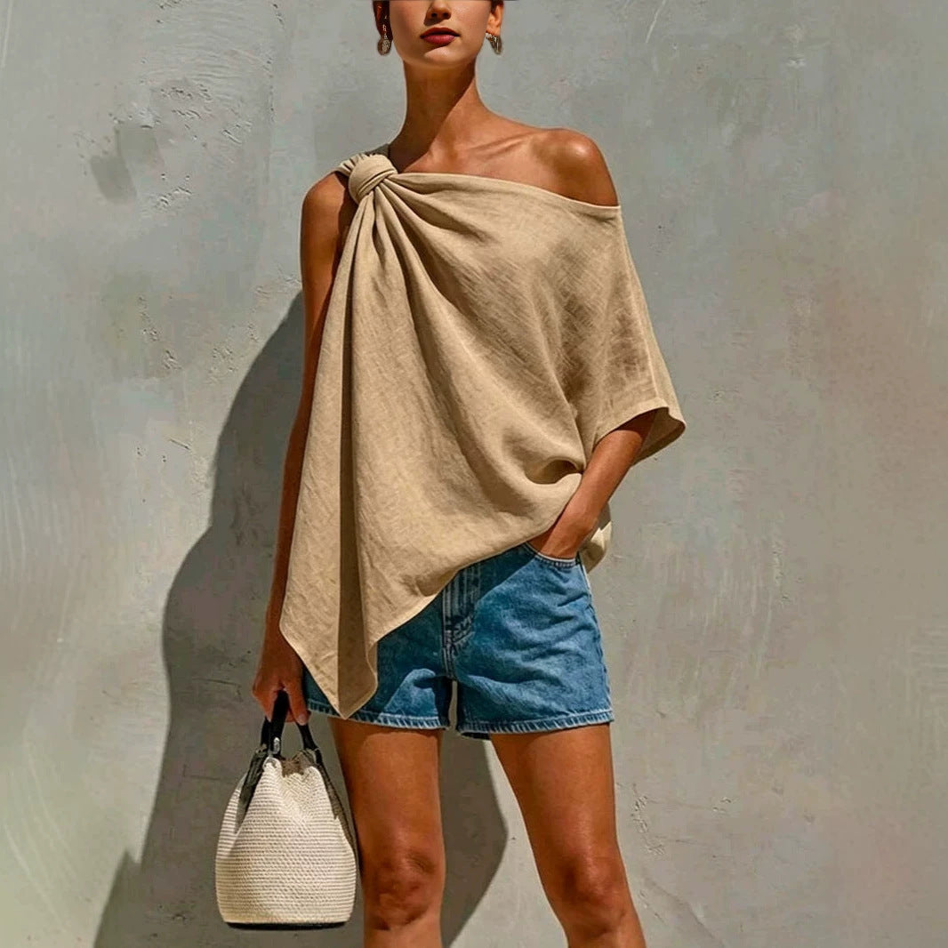 One Shoulder Asymal Twisted Off Shoulder Mid Sleeve Casual