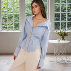Women's Elegant Shirt Elegant Collared Puff Sleeve Pleated Waist Tight All Match Striped Long Sleeved Top