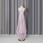 Lavender cami summer dress on mannequin with off-shoulder ruffles and tiered tulle skirt