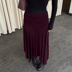 Women's Burgundy Ruched Asymmetric Midi Skirt