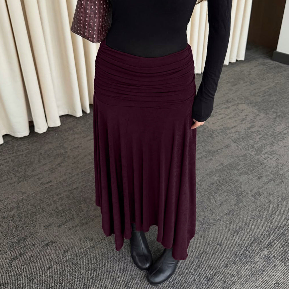 Women's Burgundy Ruched Asymmetric Midi Skirt