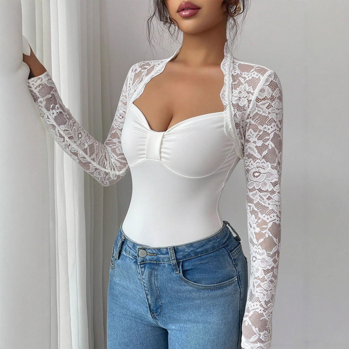 Lace Patchwork Knit Long-Sleeve Top