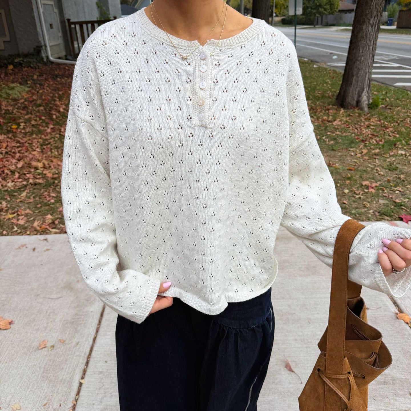 Women's Crochet Openwork Crew-Neck Sweater