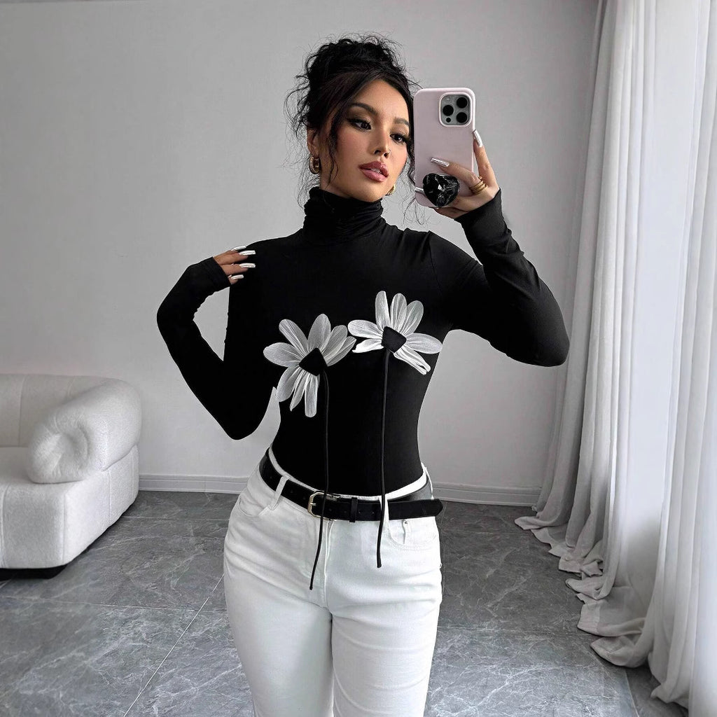 Women's Black Turtleneck Floral Applique Long Sleeved Fitted T-Shirt